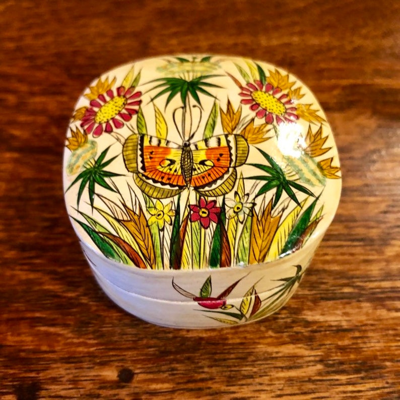 Kashmir India Paper Mache Trinket Boxes Vintage Handmade Papier Mache Floral and Butterfly Jewelry Boxes Ready to Ship Storage Organization