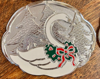Christmas Swan Wreath Drink Coasters Wm A. Rogers Holiday Hosting Barware Vintage 1980's NOS Entertaining Snack Bar Ideas Table Decorations