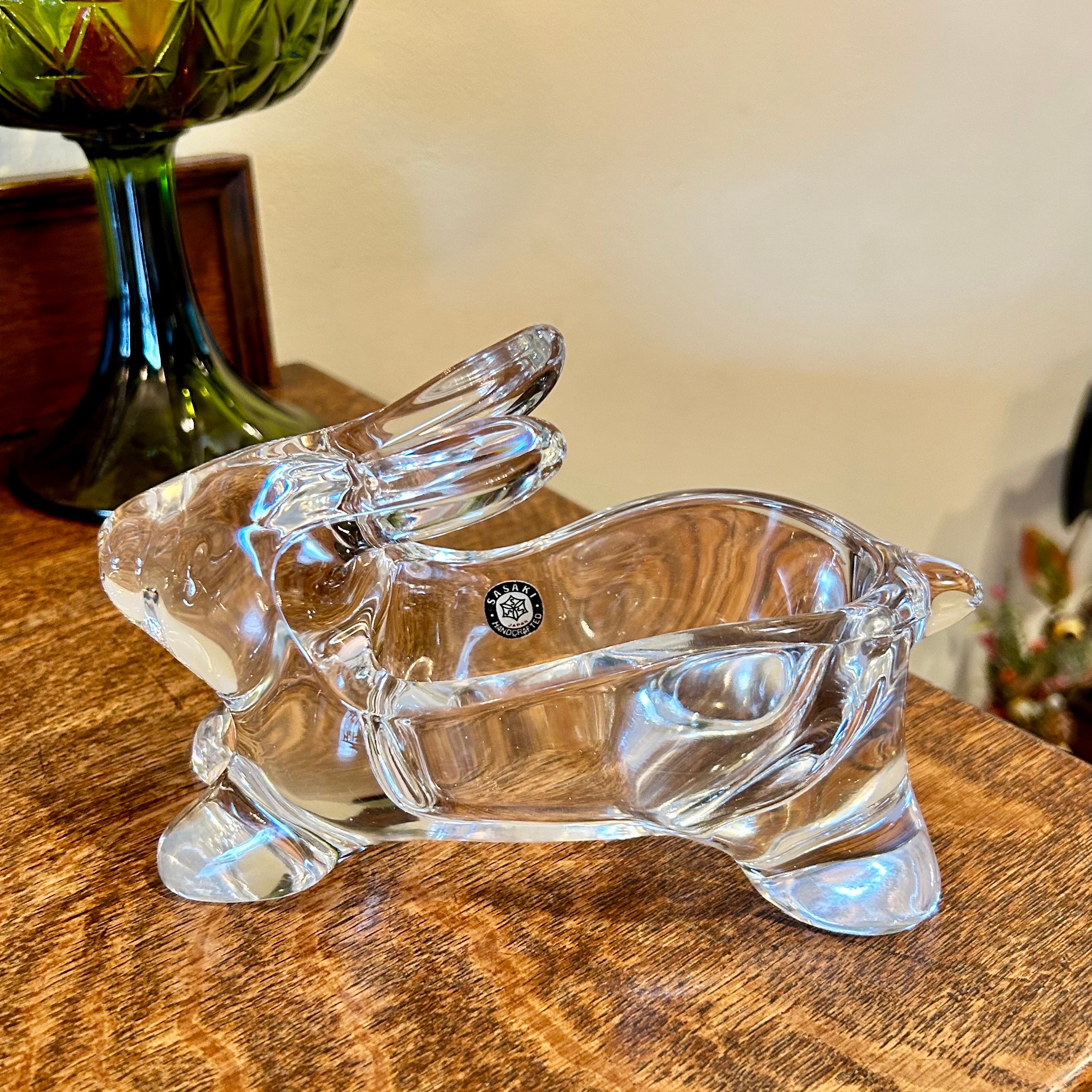 Vintage Sasaki Crystal Glass Bunny Dish: Heavy Glass Easter Decor