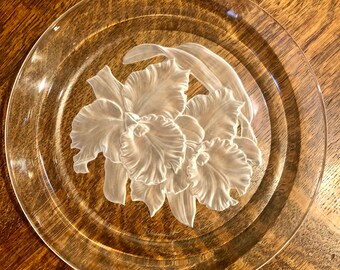 Vintage Hoya Crystal Plate: November Orchids Frosted Art Glass