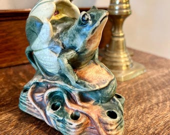 Antique Weller Pottery Flower Frog Muscota Frog with Lotus Blossom
