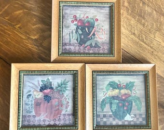 Fruit Bowl Folk Art Set: Valerie Evers Wenk Still Life Framed Americana Art