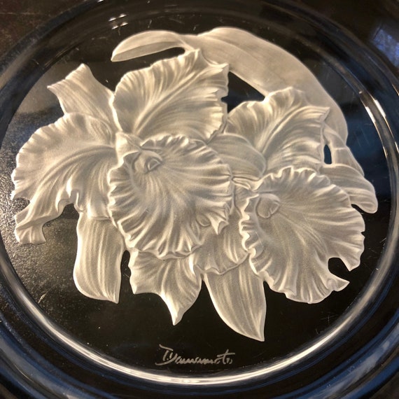 Vintage Hoya Crystal Plate: November Orchids Frosted Art Glass
