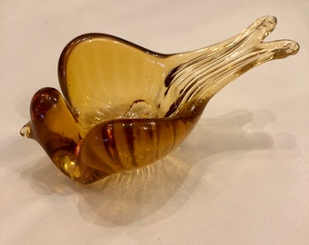 Vintage Amber Art Glass Bird Pipe Holder, Murano Style Decor