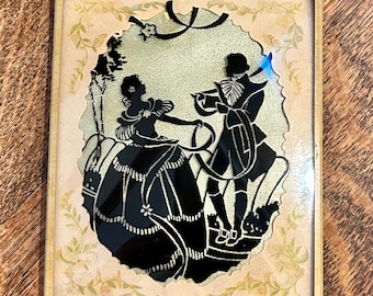Vintage Reverse Painted Glass Silhouette: Georgian Couple, 1940s Wall Art