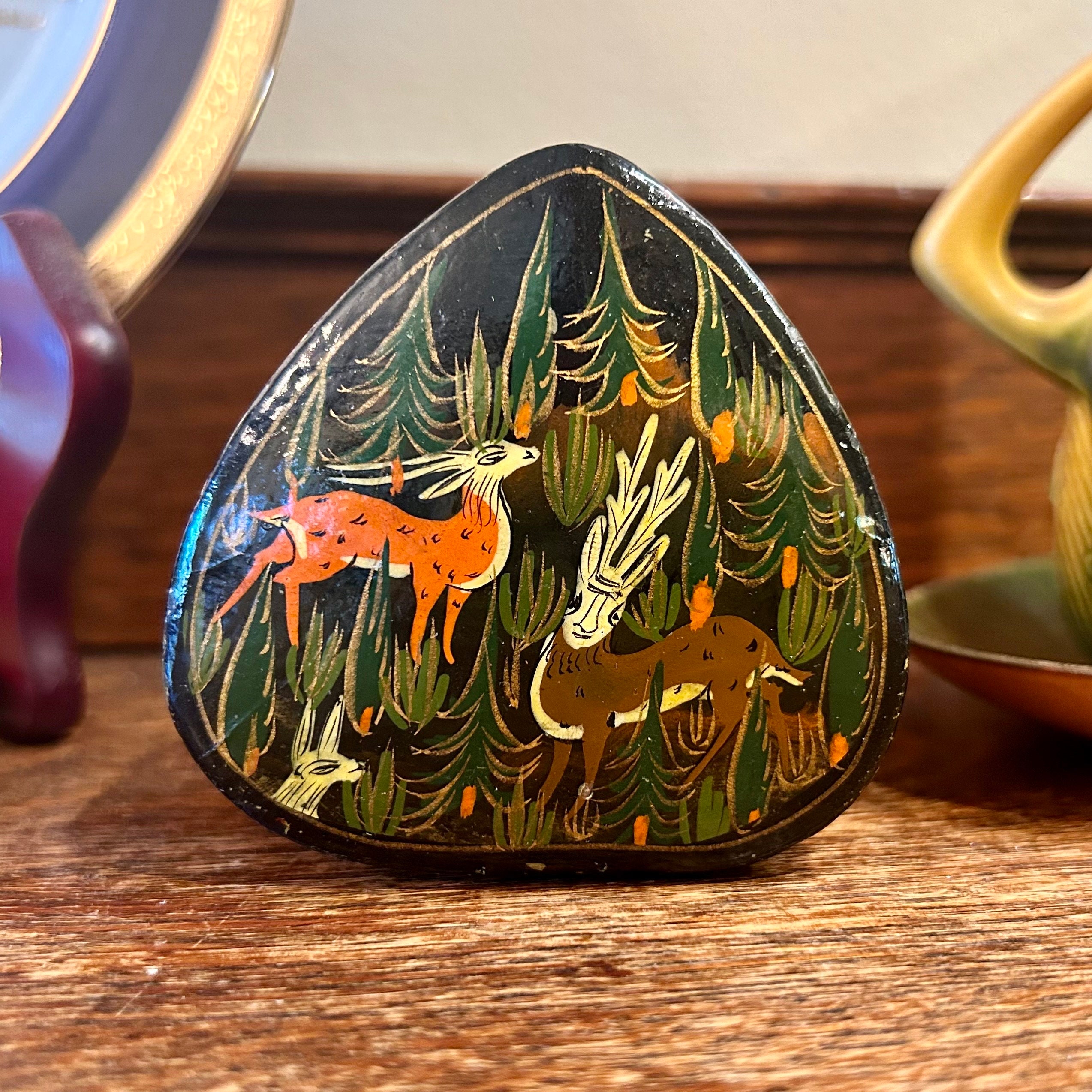 Vintage Kashmir Paper Mache Box: Handcrafted Animal Trinket Decor
