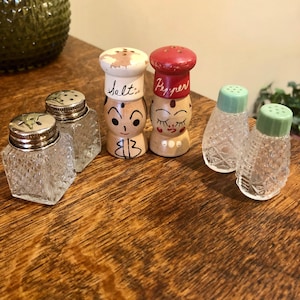 Vintage Salt and Pepper Shakers Mixed Lot Retro Serving Kitchen Decor Glass and Wood Mid Century Curio Cabinet