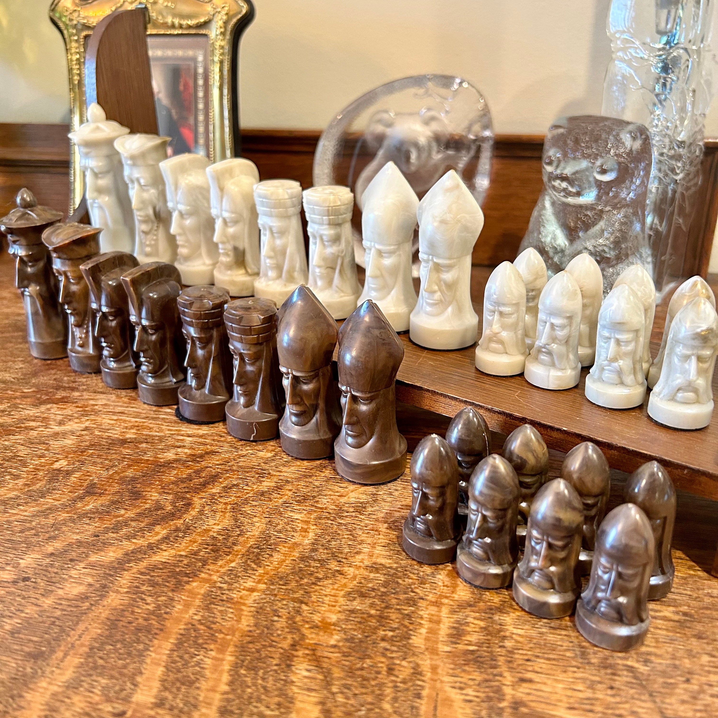 Ganine Gothic Sculptured Chess Set Checkers Board Lot w Box 1957 - Vintage