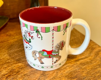 Mug vintage carrousel de Noël : tasse à café en céramique Russ Berrie dans une boîte