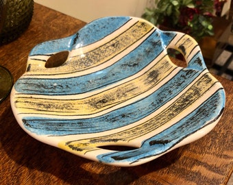 Strehla Ceramic Art Pottery Mid Century Bowl East Germany Dish Blue and Yellow Vintage 1960's Snack Bar Ideas