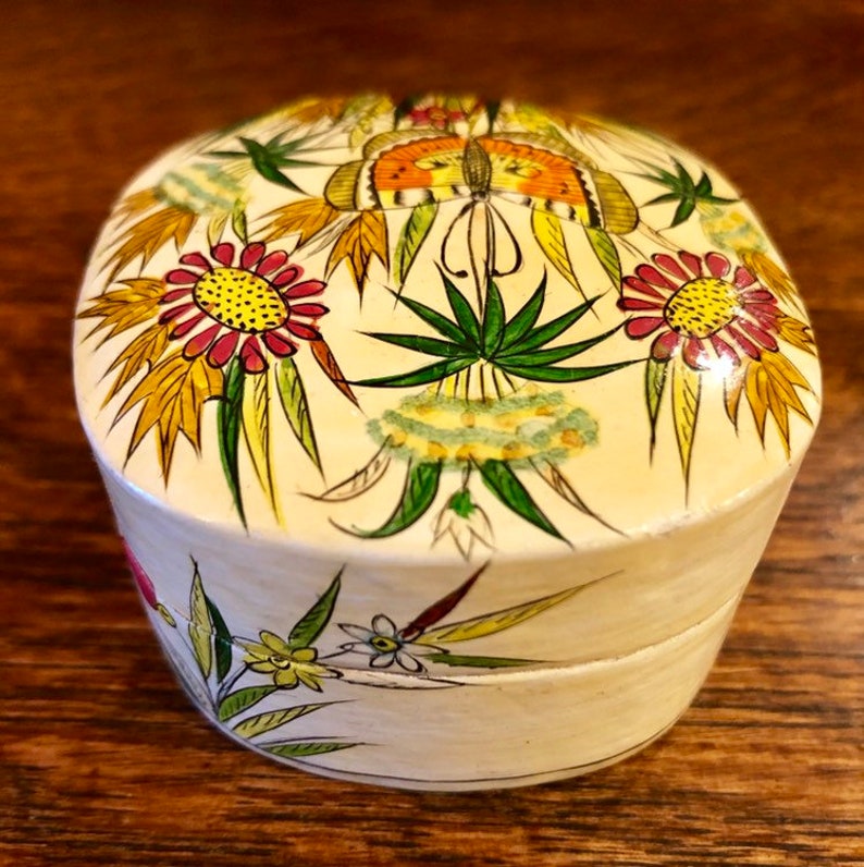 Kashmir India Paper Mache Trinket Boxes Vintage Handmade Papier Mache Floral and Butterfly Jewelry Boxes Ready to Ship Storage Organization