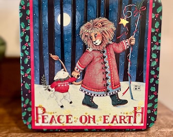 Boîte métallique vintage Mary Engelbreit : Rangement avec couvercle de Noël Paix sur la Terre