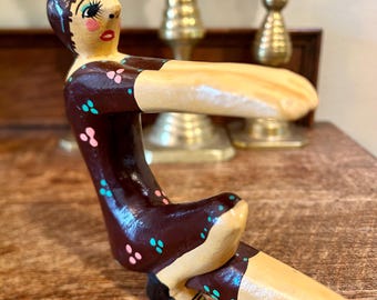 Yoga Woman Folk Art Wood Sculpture: Haitian Artist Yvens Leger Carved Wood Vintage 90s