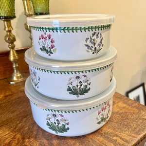 Portmeirion Botanischer Garten Emaille Nesting Bowl Set mit Deckeln Vintage Küche Esszimmer Servieraufbewahrung Dekor England