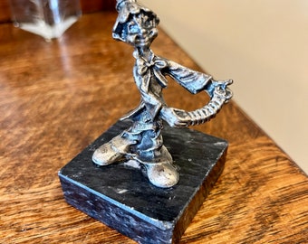 Pewter Circus Clown Figurine Peltro Italy Playing the Accordion on a Marble Base Vintage Decor