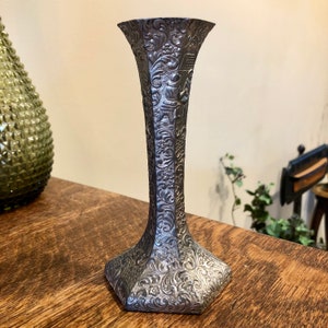 Vintage Repoussé Bud Vase: Dutch Scenes, Silver Tone Metal, Mid Century Japan