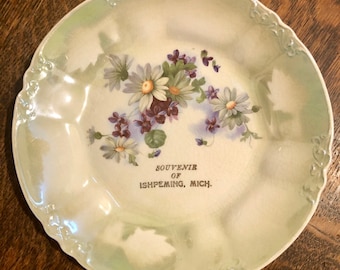 Antique Lustreware China Plate: Floral Souvenir Dish, Ishpeming Michigan April Birthday