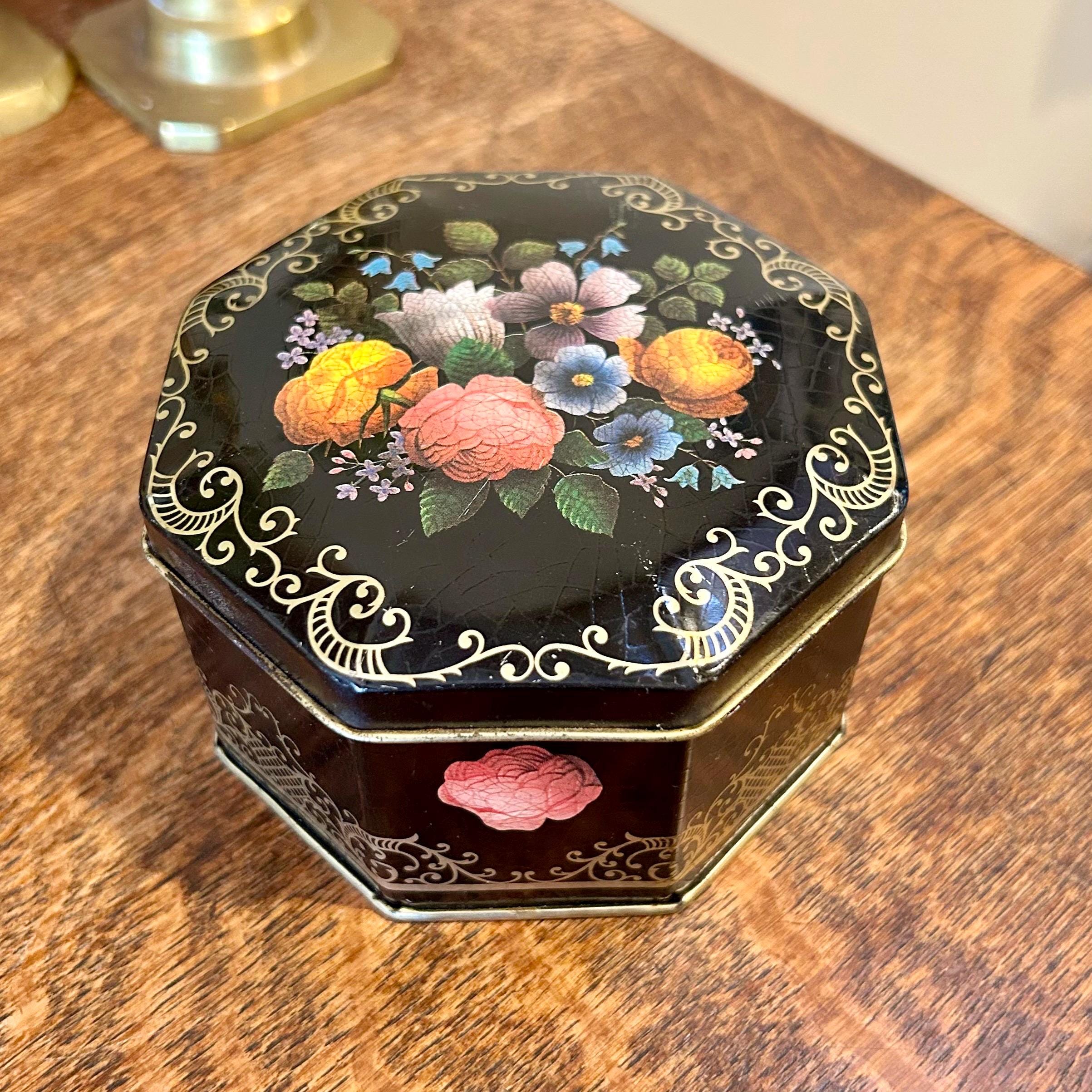 Vintage Tin Octagonal Black Floral Biscuit Decorative Storage