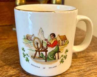 Vintage Ireland Coffee Mug: Irish Spinning Wheel, Carrigcraft Souvenir