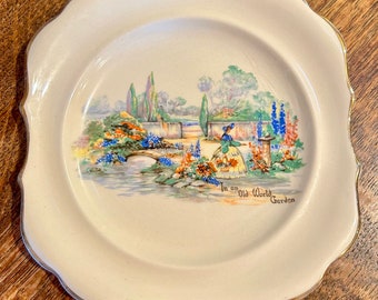 Lancaster Sandland Ware England Plate In An Old World Garden Pattern Decorative Vintage 1940's Dish Gold Scalloped Trim