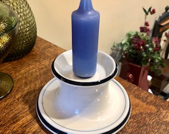 Dansk Candle Holder Christianshavn White with Blue Vintage Decor Contemporary Denmark Danish Coastal Grandmother