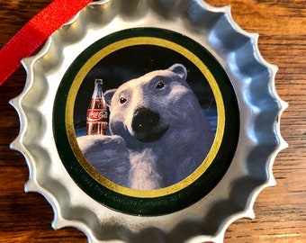 Coca Cola Polar Bear Christmas Ornament Bottle Cap Holiday Decor Tree Trimming Wreath Accessories Vintage 1990's