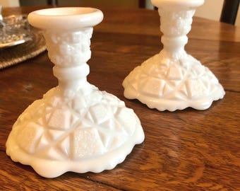 Westmoreland Glass Candlestick Holders Old Quilt Pattern White Vintage 1960's Wedding Decor Mid Century