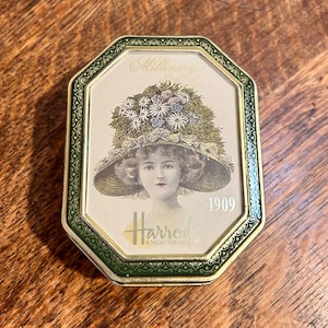Vintage Harrods Tin: Millinery Styles Keepsake Box, Made in England