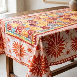 Large  Orange Floral Batik Tablecloth – Hand-Dyed Nigerian Cotton