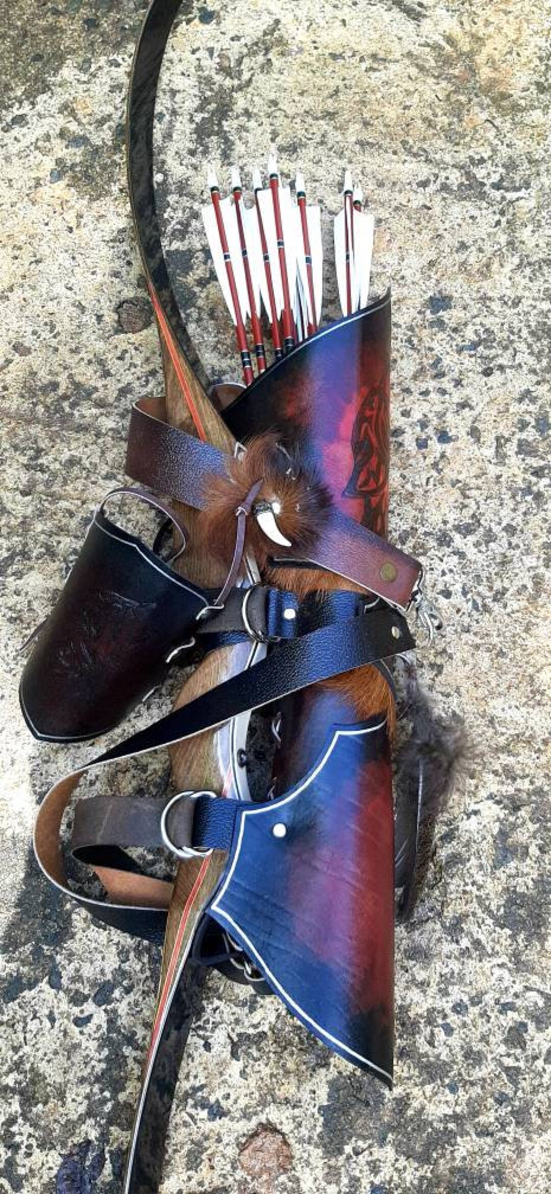 Set for Traditional Archery Leather Back Quiver and Arm Guard Wolf