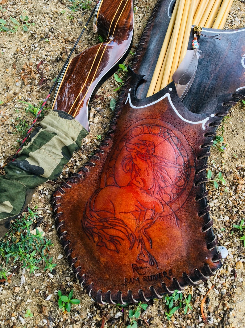 Custom handmade leather back quiver traditional archery carved Etsy