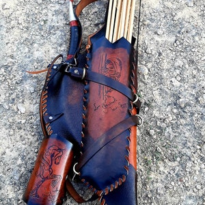 Back Quiver plus Arm Guard and Bow case 3D / Horseback Archery/ Traditional events made in FULL GRAIN  LEATHER