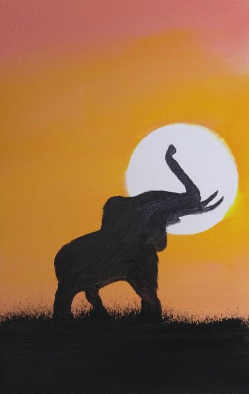 Elephant Trumpeting During a Serengeti Sunset. 12x16 Inch Oil Canvas
