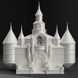 May include: A white, detailed model of a castle with multiple towers, a central tower with a pointed roof, and a large arched doorway. The castle has a balcony with a stained glass window.