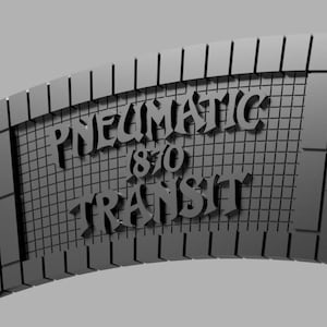 May include: A grey, curved sign with a grid pattern and the text "Pneumatic (1870) Transit" in a stylised font.