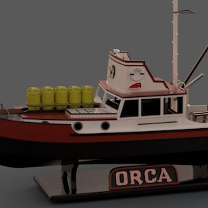 Peut inclure: Un modèle rouge et blanc d'un bateau de pêche appelé "ORCA" avec des bidons jaunes sur le pont. Le bateau est sur un support noir avec une surface réfléchissante.