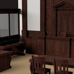 May include: A wooden courtroom set with a judge's bench, a witness stand, and a jury box. The set is made of dark wood with intricate carvings and details. There are also several chairs and tables in the room.