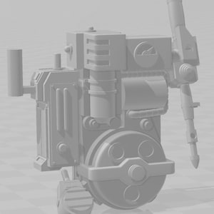 Peut inclure: Modèle 3D imprimé en gris d'un robot avec une grande roue, une petite roue et un long bras avec un foret. Le robot possède une variété de tuyaux et de tubes, ainsi qu'un manomètre sur le côté.