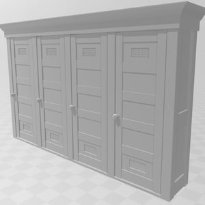 Könnte beinhalten: Ein Satz von vier grauen Holztüren mit einem einfachen Design. Jede Tür hat ein kleines Fenster mit einem Gittermuster und einen Knopf.