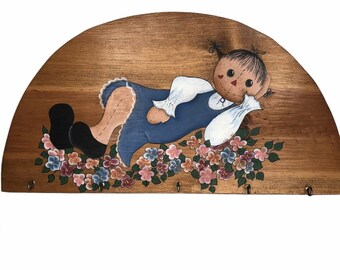 Vintage Hand Painted Rag Doll Wooden Key Holder Wall Hanger Home Décor Folk Art MCM Tole Painting Signed 1995