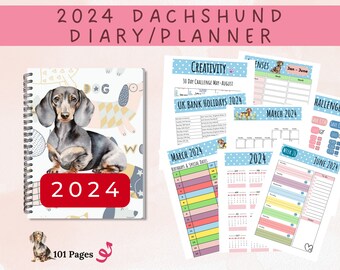 2024 Dachshund Diary Planner, Dog themed Monthly Planners, Week per page Diary, Expenses Tracker, Saving Challenges, Dachshund lovers diary