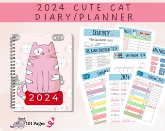 2024 Cat Diary Planner, Cute Cat themed Monthly Planners, Week per page Diary, Expenses Tracker, Saving Challenges, Cat Lovers Diary