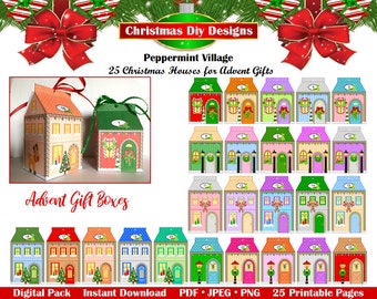 25 afdrukbare DIY-kersthuizen voor adventscadeaus - adventskalenderdozen, aftelgeschenkdozen voor kinderen, decordozen, INSTANT DOWNLOAD