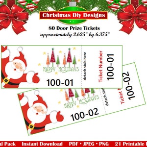 Może przedstawiać: Drukowane bilety loteryjne na drzwi świąteczne z ilustracją Świętego Mikołaja i tekstem "Wesołych Świąt". Bilety mają około 6,67 cm x 16,19 cm i są sprzedawane w opakowaniu po 80 sztuk.