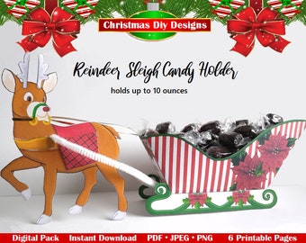 Rendieren Slee Snoephouder - Afdrukbare Rendieren Slee Snoephouder, Kerst DIY Snoephouder, Kerstversiering, INSTANT DOWNLOAD