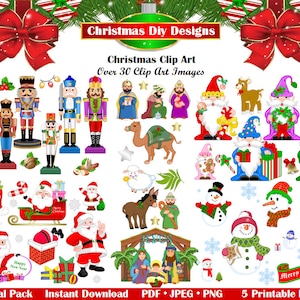 May include: A digital clipart pack featuring over 30 Christmas images. The images include nutcrackers, snowmen, gnomes, a camel, a nativity scene, and more. The images are in a variety of colors and styles, and are perfect for creating Christmas cards, invitations, and other festive projects.