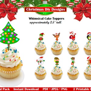 May include: A set of printable Christmas cake toppers featuring a variety of whimsical designs, including a Christmas tree, a snowman, a penguin, a reindeer, Santa Claus, and an elf. The toppers are approximately 2.5 inches tall and are perfect for adding a festive touch to your holiday desserts.