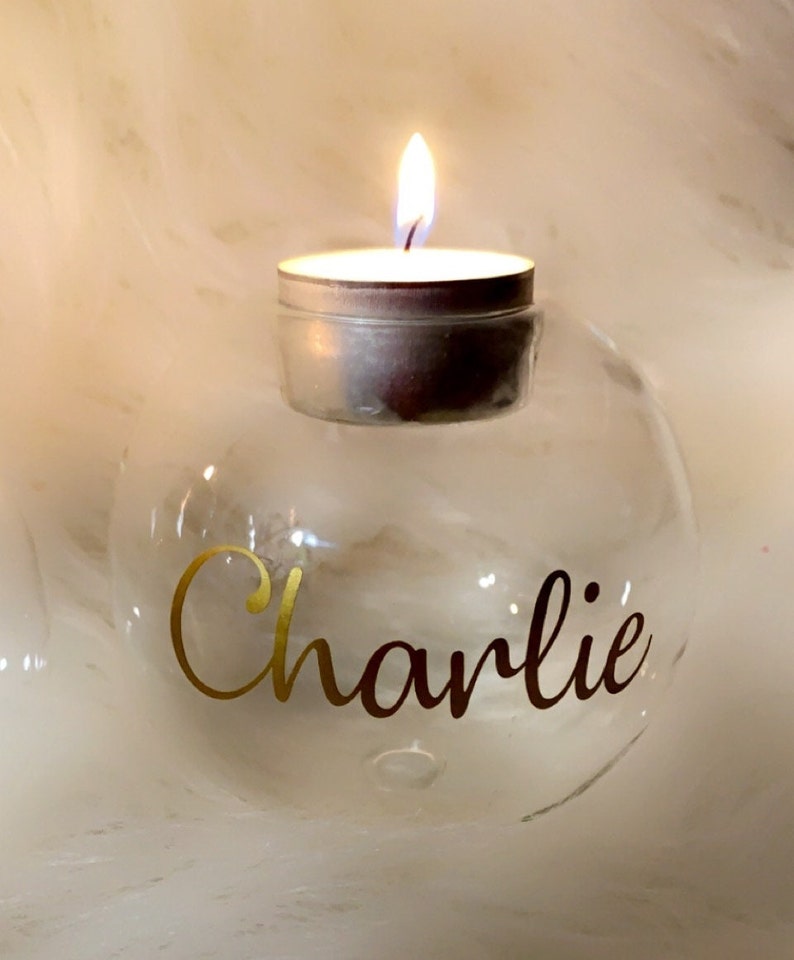 Personalized Glass Memorial Tea Light Bauble Shaped Holder With Single