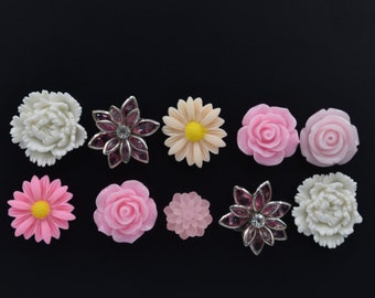 Pink Flower Magnets, Set of 10, Decorative Refrigerator Magnets