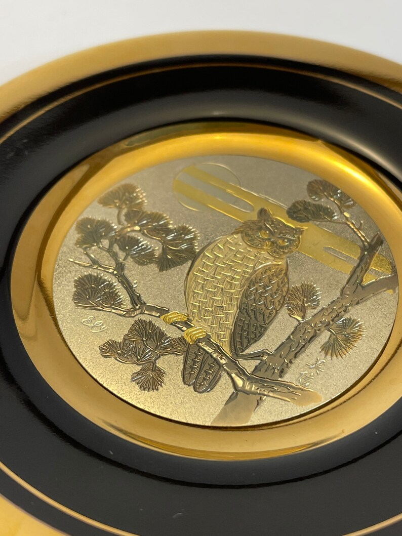 Vintage Chokin Art 24k gold gilded etched owl plate Limited Etsy